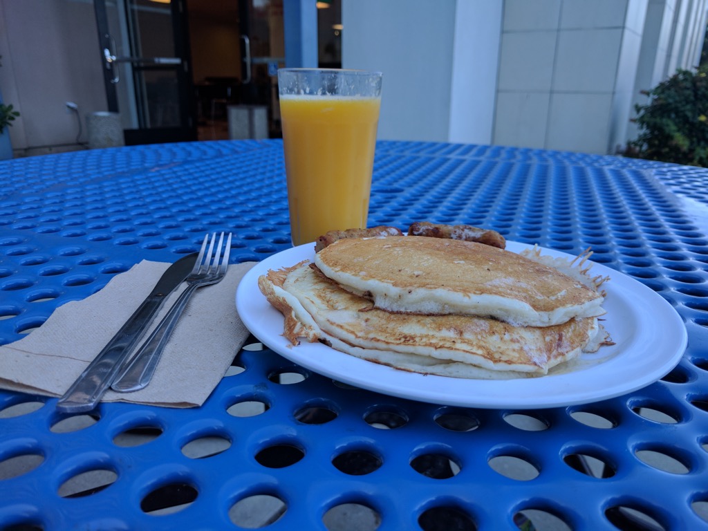Chocolate Chip Pancakes and Sausage